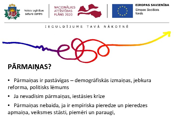 PĀRMAIŅAS? • Pārmaiņas ir pastāvīgas – demogrāfiskās izmaiņas, jebkura reforma, politisks lēmums • Ja