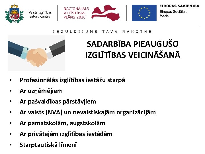 SADARBĪBA PIEAUGUŠO IZGLĪTĪBAS VEICINĀŠANĀ • Profesionālās izglītības iestāžu starpā • Ar uzņēmējiem • Ar