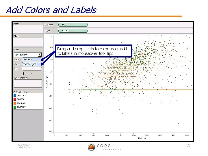 Add Colors and Labels Drag and drop fields to color by or add to