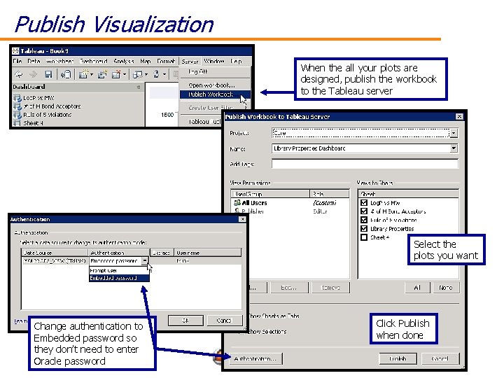 Publish Visualization When the all your plots are designed, publish the workbook to the