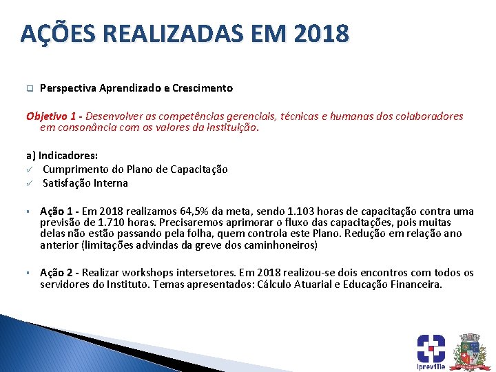 AÇÕES REALIZADAS EM 2018 q Perspectiva Aprendizado e Crescimento Objetivo 1 - Desenvolver as