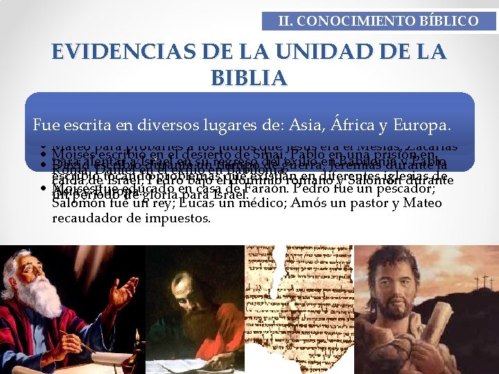 II. CONOCIMIENTO BÍBLICO EVIDENCIAS DE LA UNIDAD DE LA BIBLIA La Biblia fue escrita