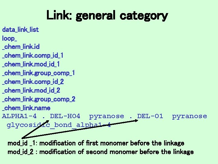 Link: general category data_link_list loop_ _chem_link. id _chem_link. comp_id_1 _chem_link. mod_id_1 _chem_link. group_comp_1 _chem_link.
