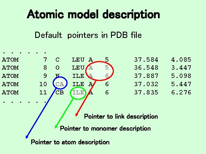 Atomic model description Default pointers in PDB file. . . ATOM 7 ATOM 8