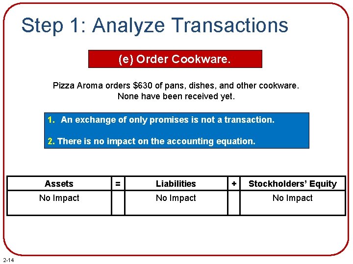 Step 1: Analyze Transactions (e) Order Cookware. Pizza Aroma orders $630 of pans, dishes,