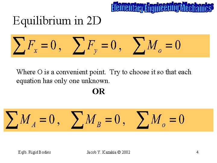 Equilibrium in 2 D Where O is a convenient point. Try to choose it