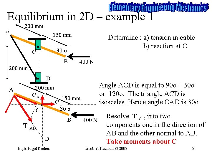 Equilibrium in 2 D – example 1 A 200 mm 150 mm Determine :