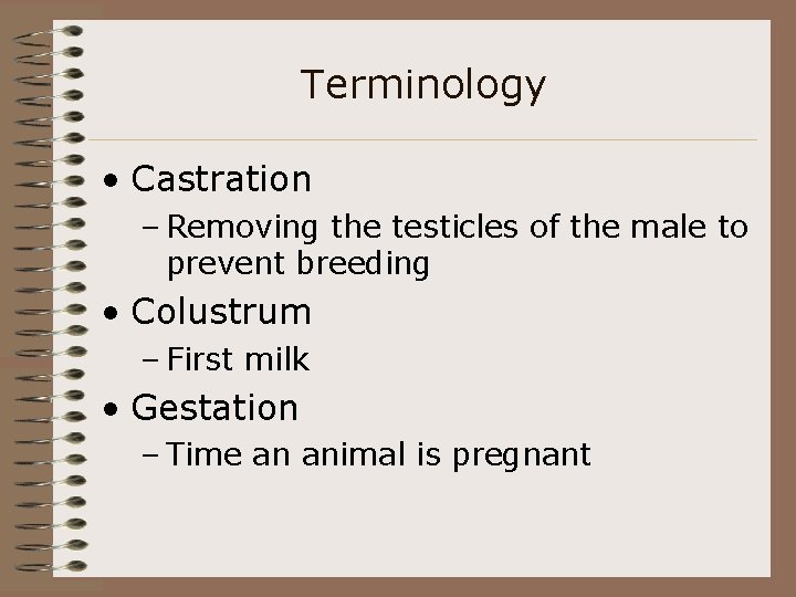 Terminology • Castration – Removing the testicles of the male to prevent breeding •