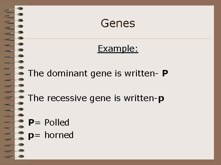 Genes Example: The dominant gene is written- P The recessive gene is written-p P=