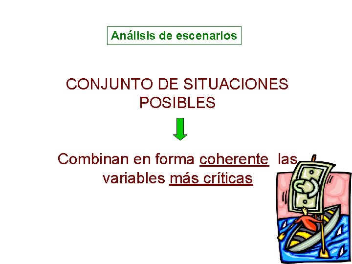 Análisis de escenarios CONJUNTO DE SITUACIONES POSIBLES Combinan en forma coherente las variables más