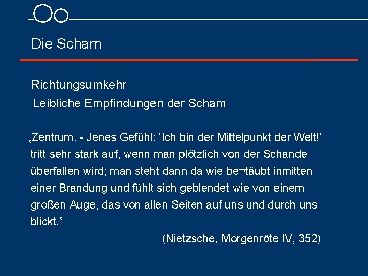 Die Scham Richtungsumkehr Leibliche Empfindungen der Scham „Zentrum. Jenes Gefühl: ‘Ich bin der Mittelpunkt