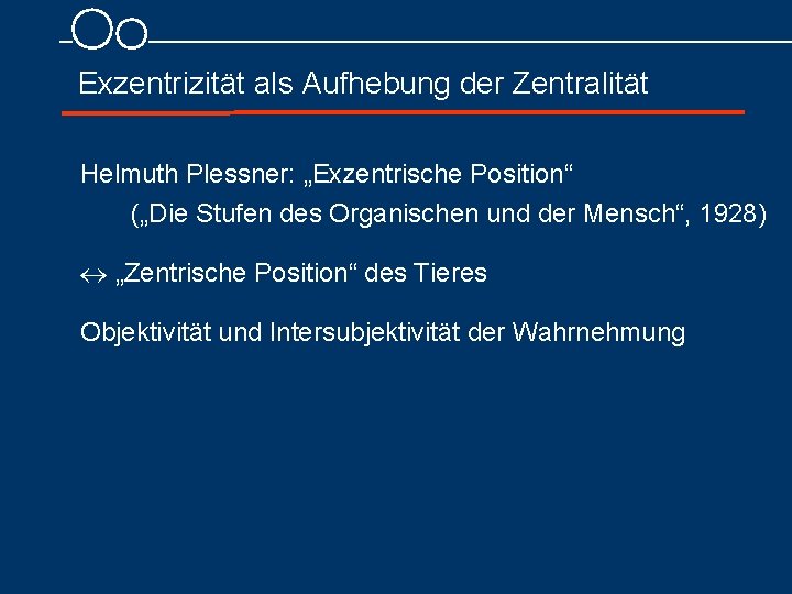 Exzentrizität als Aufhebung der Zentralität Helmuth Plessner: „Exzentrische Position“ („Die Stufen des Organischen und