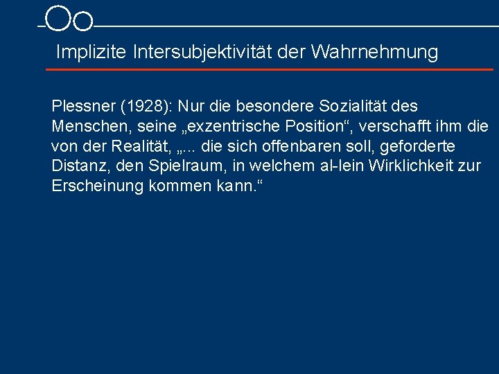 Implizite Intersubjektivität der Wahrnehmung Plessner (1928): Nur die besondere Sozialität des Menschen, seine „exzentrische