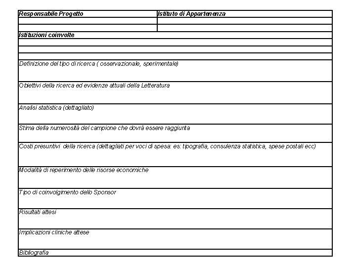 Responsabile Progetto Istituto di Appartenenza Istituzioni coinvolte Definizione del tipo di ricerca ( osservazionale,