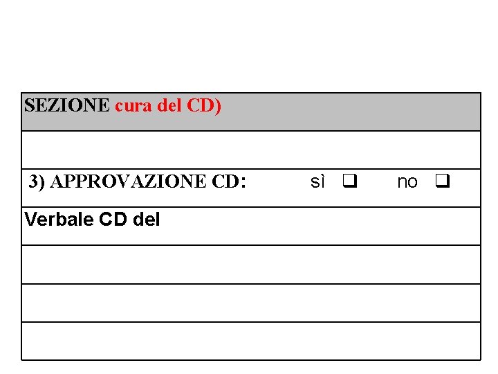 SEZIONE cura del CD) 3) APPROVAZIONE CD: Verbale CD del sì no 