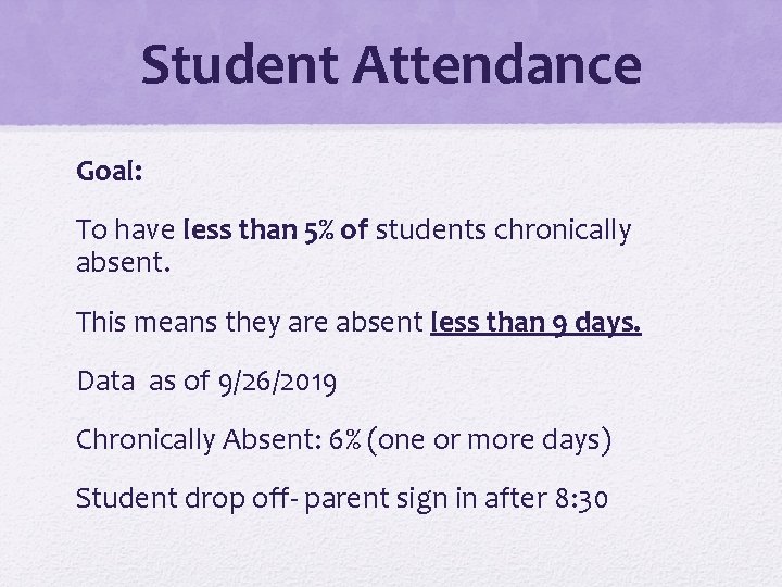 Student Attendance Goal: To have less than 5% of students chronically absent. This means