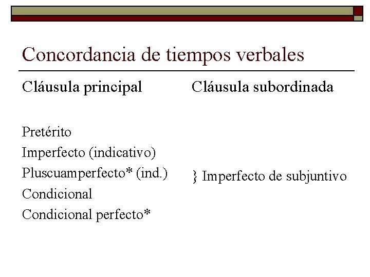 Concordancia de tiempos verbales Cláusula principal Cláusula subordinada Pretérito Imperfecto (indicativo) Pluscuamperfecto* (ind. )