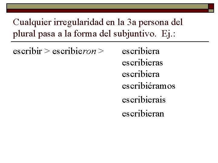 Cualquier irregularidad en la 3 a persona del plural pasa a la forma del
