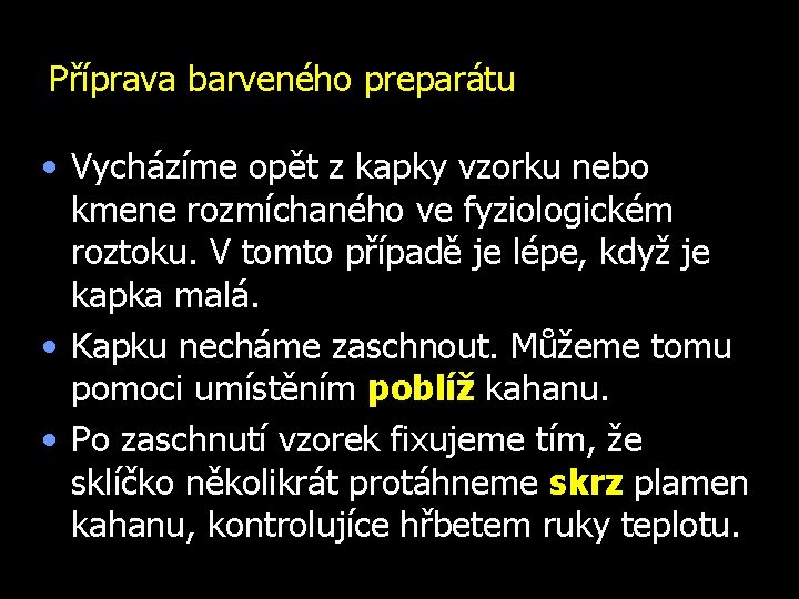 Příprava barveného preparátu • Vycházíme opět z kapky vzorku nebo kmene rozmíchaného ve fyziologickém