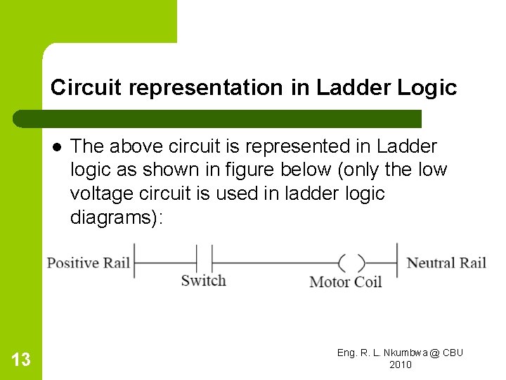 Circuit representation in Ladder Logic l 13 The above circuit is represented in Ladder