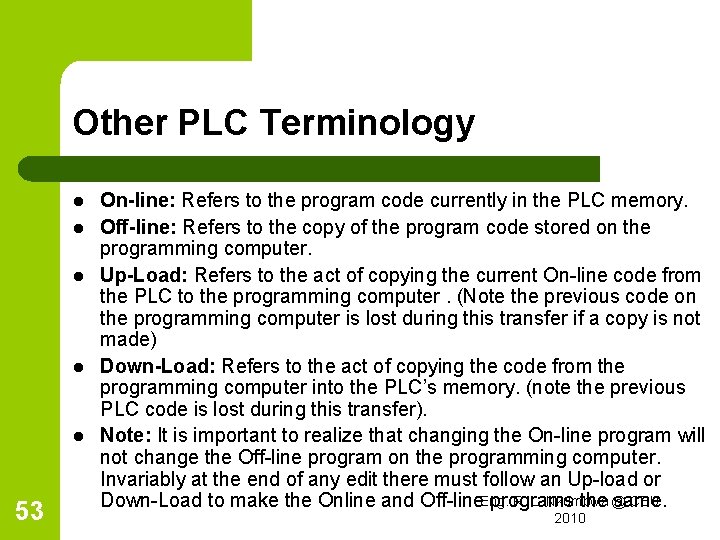 Other PLC Terminology l l l 53 On-line: Refers to the program code currently