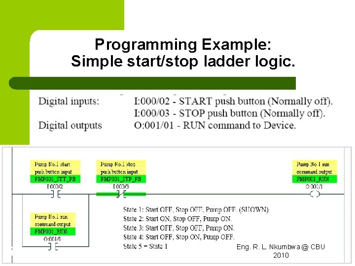 Programming Example: Simple start/stop ladder logic. 57 Eng. R. L. Nkumbwa @ CBU 2010