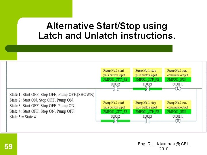 Alternative Start/Stop using Latch and Unlatch instructions. 59 Eng. R. L. Nkumbwa @ CBU