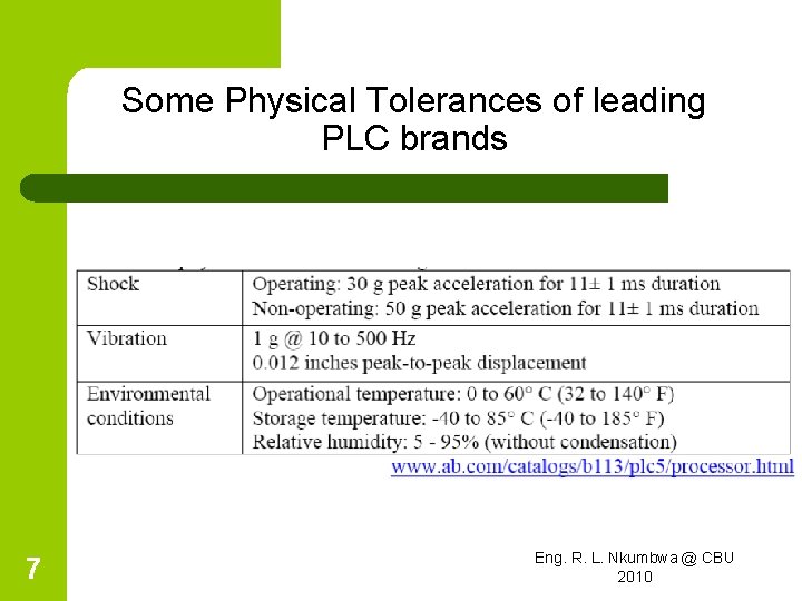 Some Physical Tolerances of leading PLC brands 7 Eng. R. L. Nkumbwa @ CBU