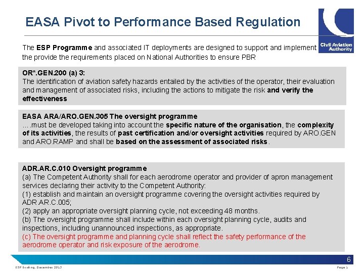 EASA Pivot to Performance Based Regulation The ESP Programme and associated IT deployments are