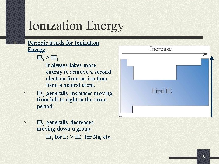 Ionization Energy Periodic trends for Ionization Energy: 1. IE 2 > IE 1 It