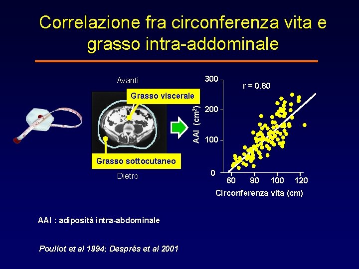 Correlazione fra circonferenza vita e grasso intra-addominale 300 Avanti r = 0. 80 AAI