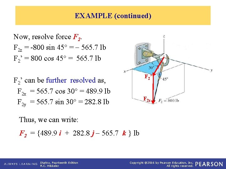 EXAMPLE (continued) Now, resolve force F 2 z = -800 sin 45° = 565.