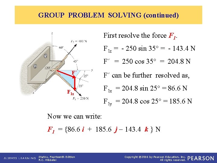 GROUP PROBLEM SOLVING (continued) First resolve the force F 1 z = - 250