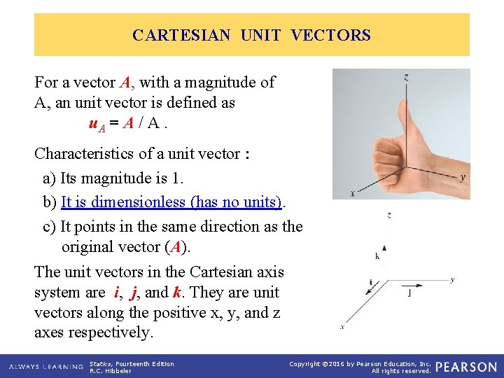 CARTESIAN UNIT VECTORS For a vector A, with a magnitude of A, an unit