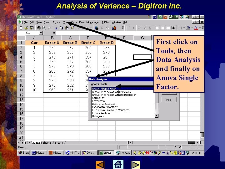 Analysis of Variance – Digitron Inc. First click on Tools, then Data Analysis and