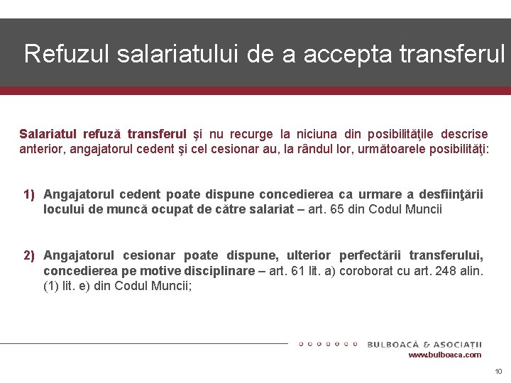 Refuzul salariatului de a accepta transferul Salariatul refuză transferul şi nu recurge la niciuna