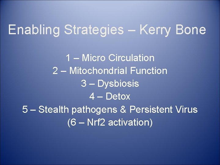 Enabling Strategies – Kerry Bone 1 – Micro Circulation 2 – Mitochondrial Function 3