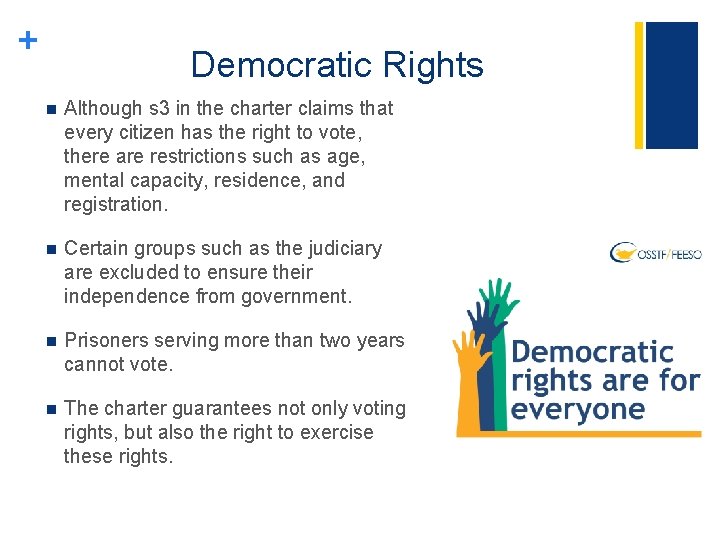 + Democratic Rights n Although s 3 in the charter claims that every citizen