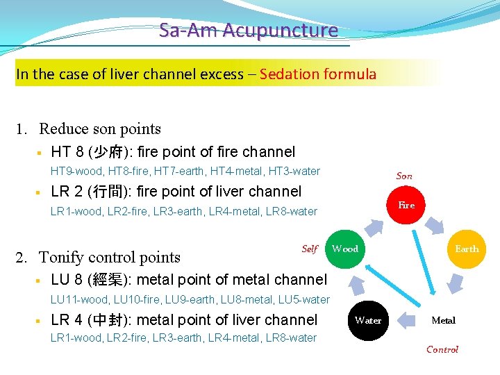 Sa-Am Acupuncture In the case of liver channel excess – Sedation formula 1. Reduce