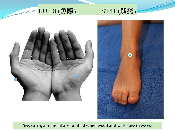 LU 10 (魚際), ST 41 (解谿) Fire, earth, and metal are tonified when wood