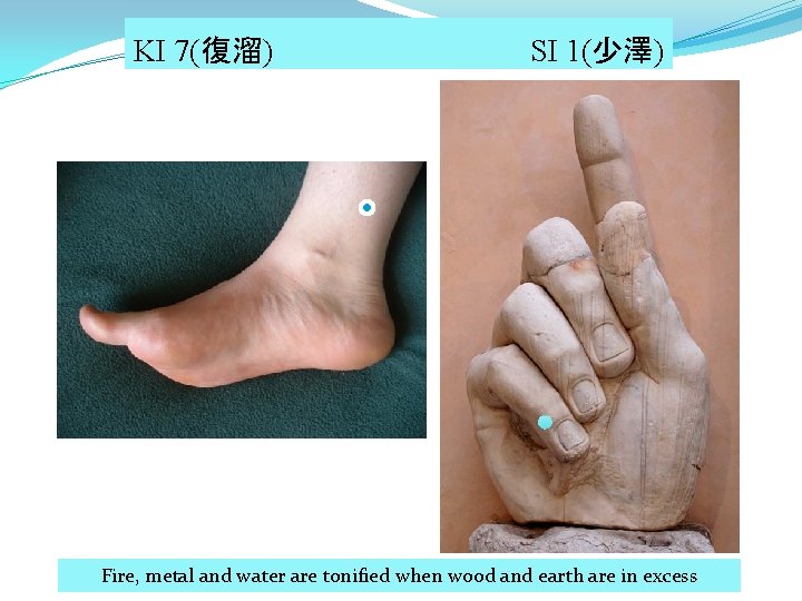 KI 7(復溜) SI 1(少澤) Fire, metal and water are tonified when wood and earth