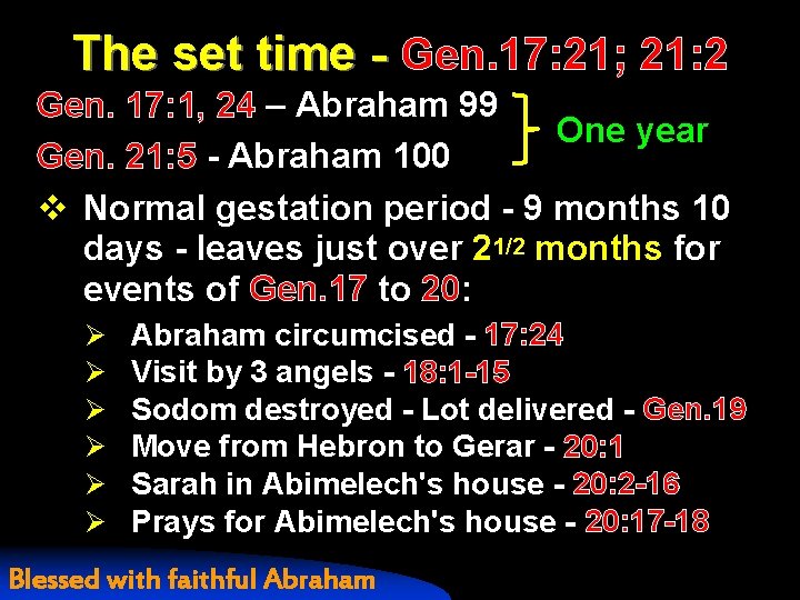 The set time - Gen. 17: 21; 21: 2 Gen. 17: 1, 24 –