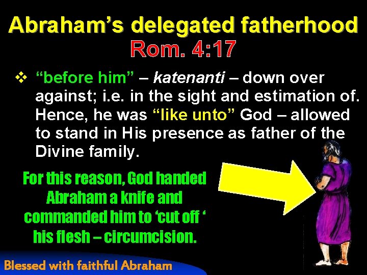 Abraham’s delegated fatherhood Rom. 4: 17 v “before him” – katenanti – down over