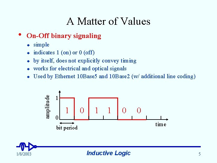 A Matter of Values • On-Off binary signaling u u amplitude u simple indicates