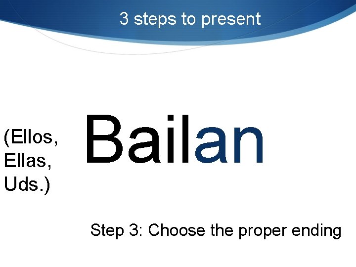 3 steps to present (Ellos, Ellas, Uds. ) Bailan Step 3: Choose the proper