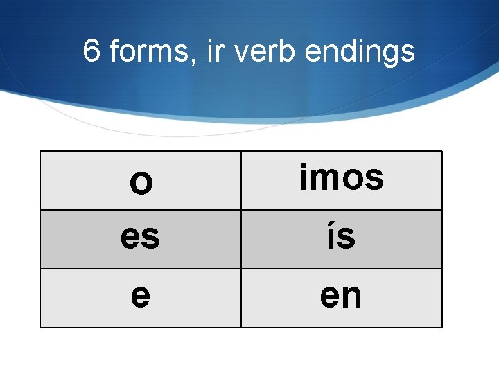 6 forms, ir verb endings o imos es ís e en 