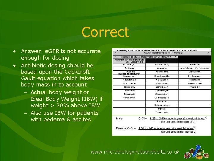 Correct • Answer: e. GFR is not accurate enough for dosing • Antibiotic dosing