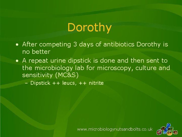 Dorothy • After competing 3 days of antibiotics Dorothy is no better • A