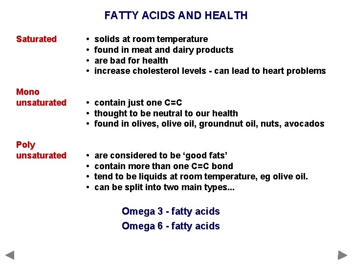 FATTY ACIDS AND HEALTH Saturated Mono unsaturated Poly unsaturated • • solids at room