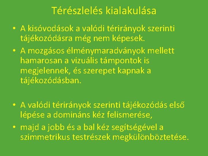 Térészlelés kialakulása • A kisóvodások a valódi térirányok szerinti tájékozódásra még nem képesek. •